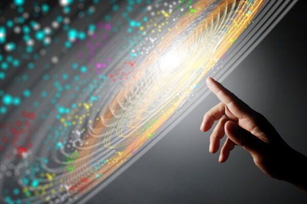 Digital neural network, Big Data concept, hand finger touching for an introduction of artificial intelligence, Ai technology, future cyberspace, digital transformation of innovation of science, business, and technologies